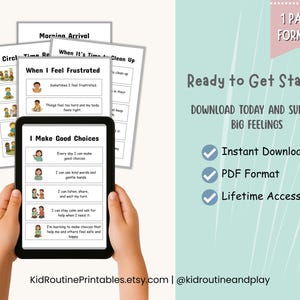 May include: A black tablet shows a page titled "I Make Good Choices" with illustrations and text. Other pages with titles like "Morning Arrival" and "When I Feel Frustrated" are visible. The image includes text: "Ready to Get Started" and "Instant Download."