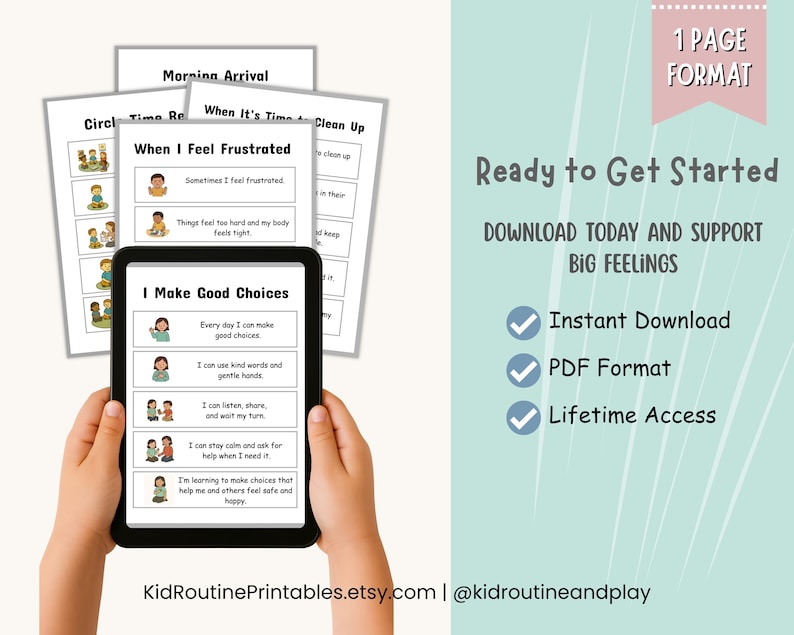 May include: A black tablet shows a page titled "I Make Good Choices" with illustrations and text. Other pages with titles like "Morning Arrival" and "When I Feel Frustrated" are visible. The image includes text: "Ready to Get Started" and "Instant Download."