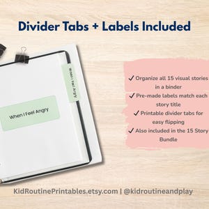 May include: A white binder with a label reading "When I Feel Angry." The image also features a pink background with bullet points detailing the product's features, including pre-made labels and printable divider tabs.