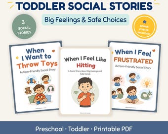 Può includere: Tre documenti di storie sociali stampabili intitolati Toddler Social Stories: Big Feelings & Safe Choices. Le copertine presentano illustrazioni di bambini e il testo When I Want to Throw Toys, When I Feel Like Hitting e When I Feel FRUSTRATED.