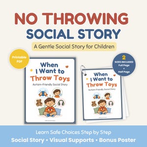 Könnte beinhalten: Ein druckbares soziales Geschichtendokument mit dem Titel When I Want to Throw Toys, das Illustrationen eines Kindes, eines Teddybären, von Kopfhörern und eines Balls zeigt. Das Set enthält eine Vollseiten- und eine Halbseitenversion mit Metallring.