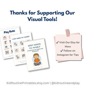May include: The image shows three educational printables: "Play Rules," "I Can Wash My Hands," and "Keep Hands to Myself." The "Keep Hands to Myself" printable is a social story for toddlers and preschoolers. A note with Etsy and Instagram details is also visible.