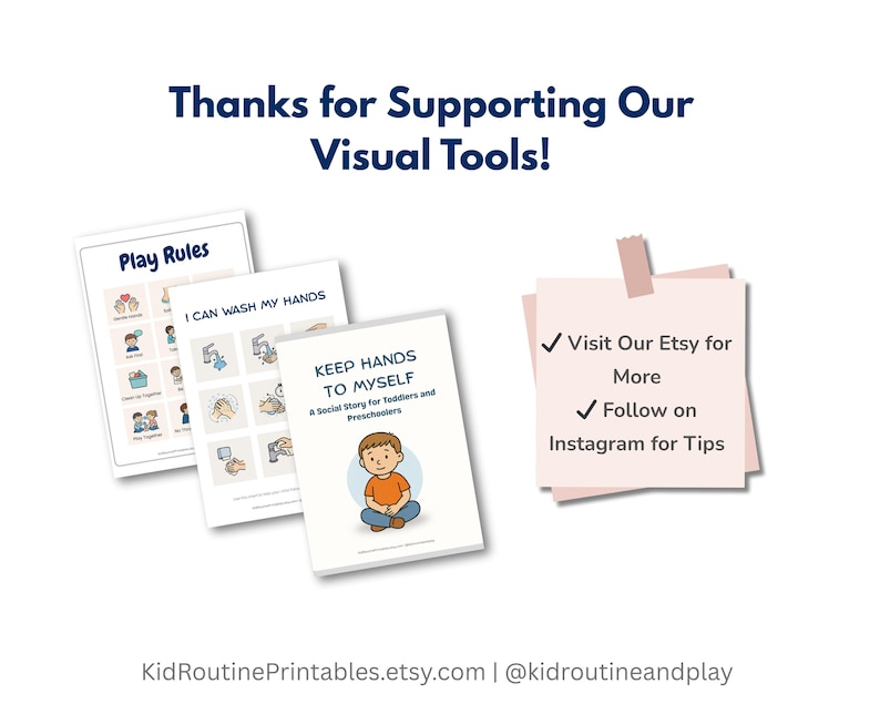 May include: The image shows three educational printables: "Play Rules," "I Can Wash My Hands," and "Keep Hands to Myself." The "Keep Hands to Myself" printable is a social story for toddlers and preschoolers. A note with Etsy and Instagram details is also visible.