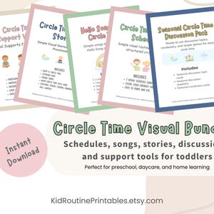 May include: A bundle of printable educational materials for toddlers, featuring colorful cards and visual aids. The bundle includes schedules, songs, stories, and discussion prompts for preschool, daycare, and home learning. The text says "Circle Time Visual Bundle".