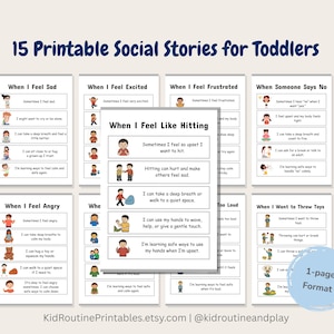 Peut inclure: Ensemble de 15 histoires sociales imprimables pour tout-petits, présentant divers scénarios émotionnels. Chaque histoire comprend des illustrations et un texte simple, comme « Quand je me sens triste » et « Quand je suis en colère ». Ces histoires aident les enfants à gérer leurs émotions.