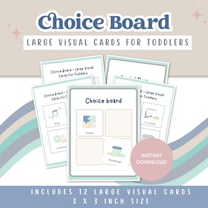 Op de afbeelding: Een set visuele keuzekaarten voor peuters. De kaarten zijn 7,6 x 7,6 cm groot en bevatten afbeeldingen voor activiteiten zoals puzzels en klei. De tekst op de kaarten luidt "Choice Board" en "Large Visual Cards for Toddlers."