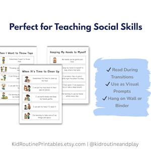 May include: Educational printables for teaching social skills. The image shows three cards with text and illustrations. The cards cover topics like throwing toys, cleaning up, and keeping hands to oneself. The text "Perfect for Teaching Social Skills" is at the top.