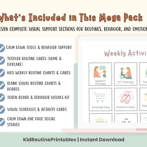 May include: A digital print featuring a list of visual support sections for routines, behavior, and emotions. The list includes calm down tools, toddler routine cards, and weekly routine charts. A tablet displays a weekly activity card with illustrations.