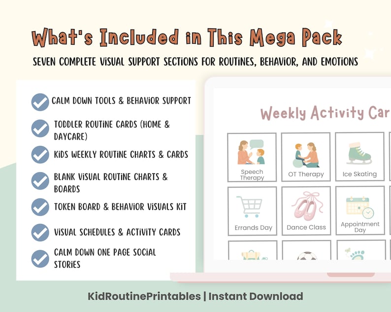 May include: A digital print featuring a list of visual support sections for routines, behavior, and emotions. The list includes calm down tools, toddler routine cards, and weekly routine charts. A tablet displays a weekly activity card with illustrations.