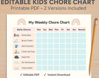 Editable Kids Chore Chart Printable, Weekly Routine & Reward Chart for Toddlers, Digital Download