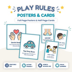 Paquete de reglas para el aula de autismo, carteles con reglas de juego y tarjetas visuales, PDF imprimible