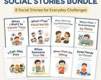 May include: A Social Stories Bundle featuring 8 educational booklets for everyday challenges. Titles include When I Want to Throw Toys, When I Feel Frustrated, When I Want the Toy My Friend Has, When I Feel Overwhelmed by Noise, I Can Join Play, When Someone Says No, When I Feel Like Hitting, and Keep Hands to Myself.