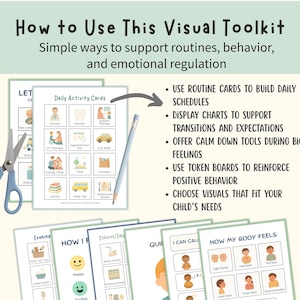 May include: A visual toolkit with cards and instructions for supporting routines, behavior, and emotional regulation. The image shows cards with illustrations for daily activities, along with scissors and a pencil. Text on the cards includes "Daily Activity Cards" and "How My Body Feels".