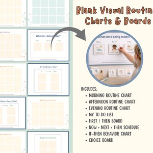 May include: A collection of blank visual routine charts and boards, including morning, afternoon, and evening routine charts, a to-do list, and a first/then board. The image shows a child interacting with a "What am I doing today?" board.