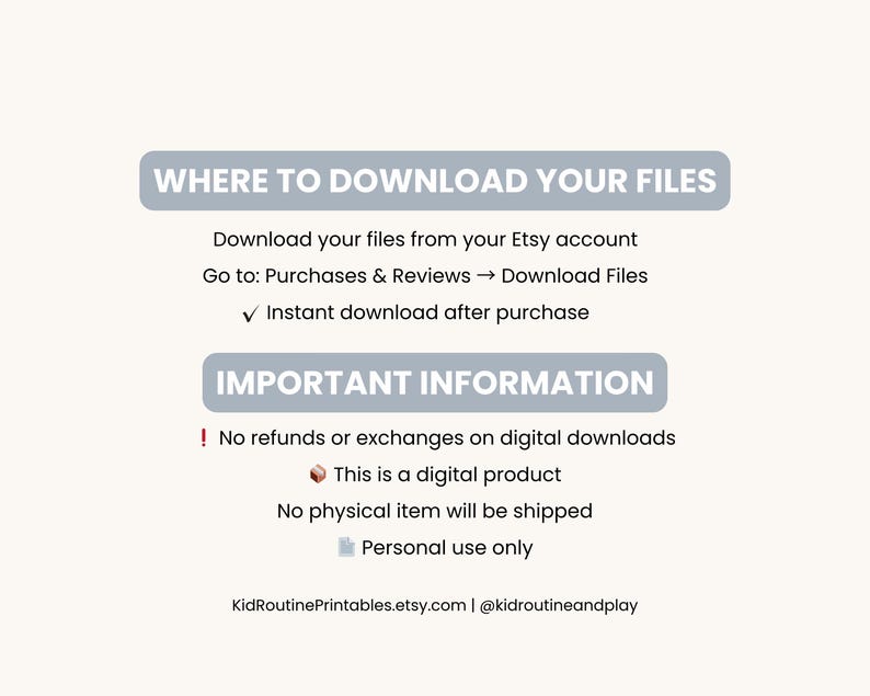 May include: A digital information sheet detailing how to download files from Etsy, with the headings "WHERE TO DOWNLOAD YOUR FILES" and "IMPORTANT INFORMATION". It states the product is a digital download for personal use, with no physical item.