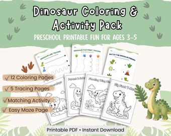 Dinosaur Activity Pack for Preschool, Printable Dinosaur Worksheets, Coloring Pages, Tracing, Matching & Maze