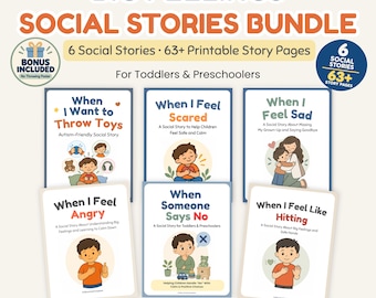 May include: A Big Feelings Social Stories bundle for toddlers and preschoolers featuring six printable story pages with titles including When I Want to Throw Toys, When I Feel Scared, When I Feel Sad, When I Feel Angry, When Someone Says No, and When I Feel Like Hitting.