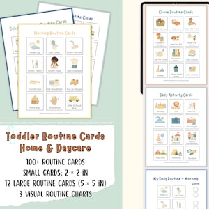 May include: A collection of toddler routine cards for home and daycare. The cards include visual aids for morning, chore, and daily activities. The set includes over 100 cards, with small cards measuring 2 x 2 inches and 12 large cards at 5 x 5 inches.