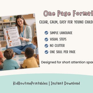 May include: A teacher in a classroom points to a chart titled "When I Feel Angry" for a group of children. The chart has illustrations and text. Text on the right side reads "One Page Format" and "Clear, Calm, Easy for Young Children."