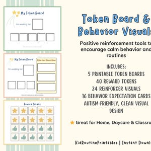 May include: A digital print featuring token boards and behavior visuals. The image includes printable token boards, reward tokens, reinforcer visuals, and behavior expectation cards. Text on the image reads "Token Board & Behavior Visuals" and "Great for Home, Daycare & Classrooms."