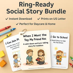 May include: A bundle of social stories for children, featuring three illustrated cards with titles like "When I Want the Toy My Friend Has." The cards are attached with a metal ring and accompanied by crayons and wooden blocks.
