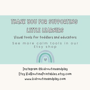 May include: A light teal background with the text "THANK YOU FOR SUPPORTING LITTLE LEARNERS" in a handwritten style. Below, it reads "Visual tools for toddlers and educators." A rainbow graphic and shop details are also included.