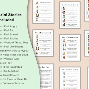 May include: A collection of 15 social stories for children, featuring illustrations and text. The stories cover topics such as managing emotions like anger and sadness, and navigating social situations. These stories are designed to help children understand and cope with various feelings.
