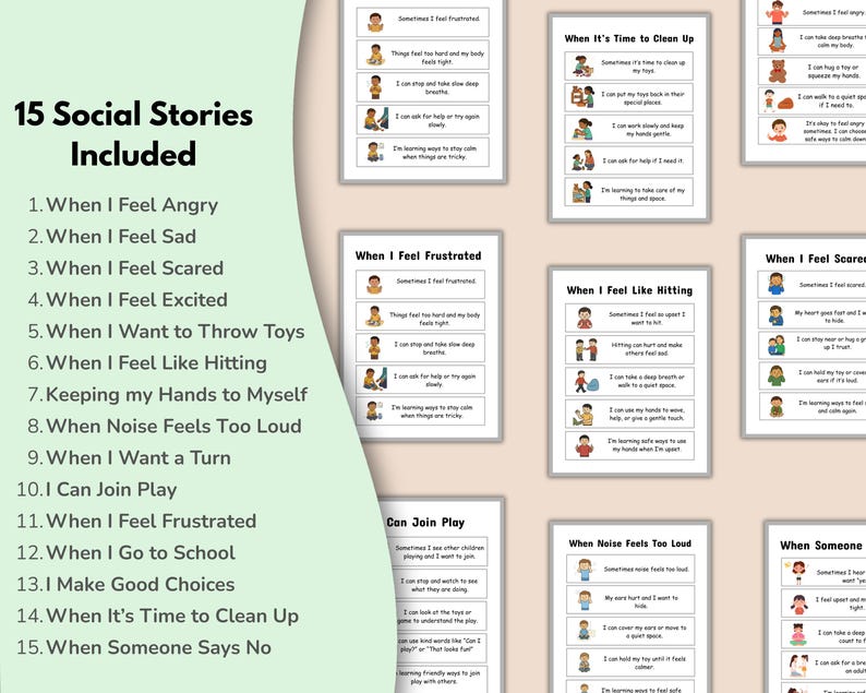 May include: A collection of 15 social stories for children, featuring illustrations and text. The stories cover topics such as managing emotions like anger and sadness, and navigating social situations. These stories are designed to help children understand and cope with various feelings.