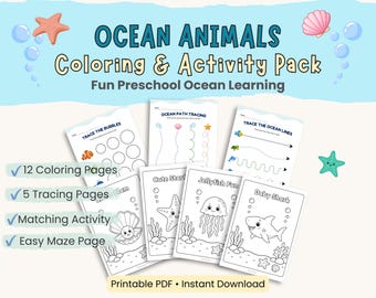Ocean Worksheets for Preschool, Ocean Activities for Kids, Preschool Coloring Pages, Tracing, Matching & Maze PDF