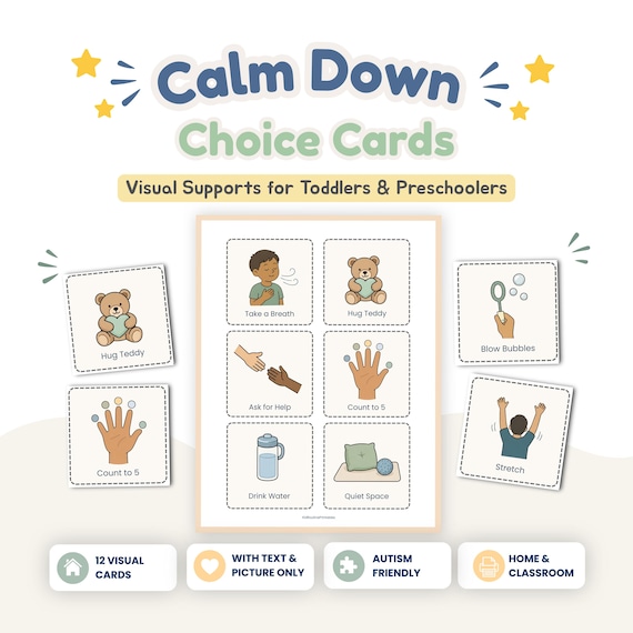 Calm Down Choice Cards, Autism Support Printable, Toddler Calm Corner PDF