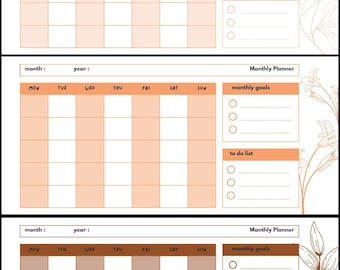 Op de afbeelding: Een set van drie maandplanners met een rasterindeling voor elke dag van de week. Elke planner heeft ruimte voor maandelijkse doelen en een takenlijst. Het kleurenschema is een combinatie van wit, perzik en bruin.