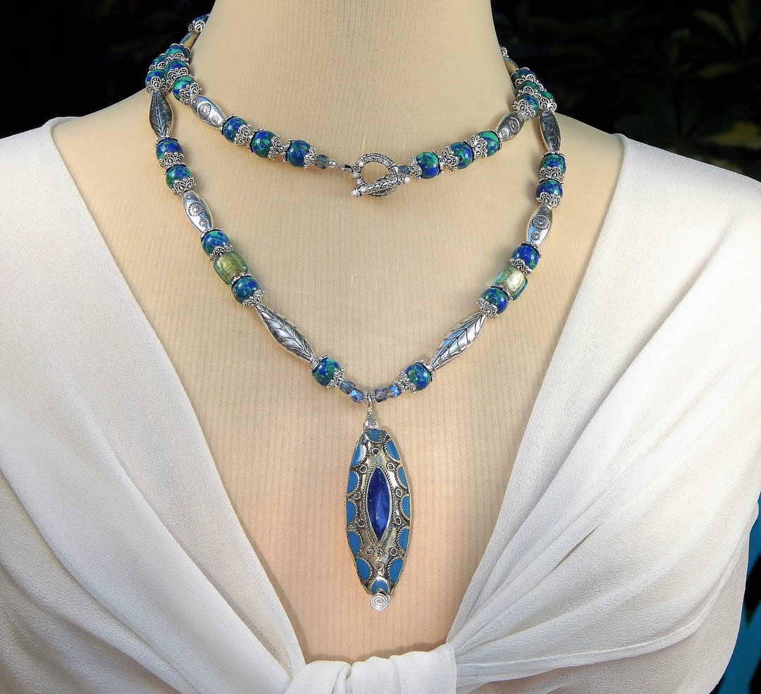Double Wrap Long Blue and Green Azurite Silver Beaded Necklace - Etsy