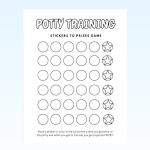 Puede incluir: Un gráfico blanco de entrenamiento para ir al baño con las palabras "POTTY TRAINING" en la parte superior. Debajo del título están las palabras "STICKERS TO PRIZES GAME". El gráfico tiene filas de círculos y estrellas para rastrear el progreso.