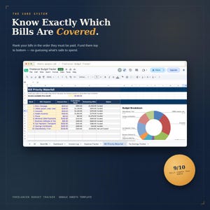 May include: A digital Google Sheets template titled Freelancer Budget Tracker featuring a Bill Priority Waterfall table with columns for rank, bill, amount due, cumulative need, remaining after, and status, plus a colorful circular pie chart.