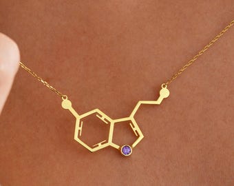 Gold Serotonin Necklace with Birthstone, Serotonin Molecule Jewelry, Custom Science Gift, Chemistry Necklace, Happiness Molecule Pendant
