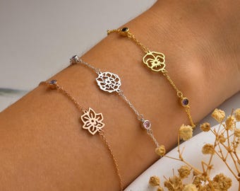 Gouden geboortebloemarmband met geboortesteen, aangepaste geboortebloemarmband, geboortemaand boeket armband, familie geboortebloem cadeau voor haar