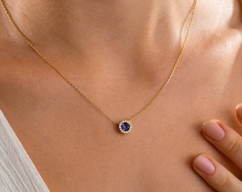 Personalized Birthstone Necklace, Halo Gemstone Pendant, Personalized Gifts for Wife, Mother's Day Gift, Custom Birthstone Jewelry for Women
