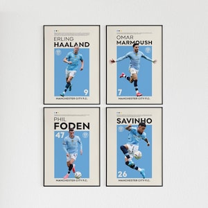 Manchester City Poster Gift Set of 4 Bundle, Manchester City Poster Set of 4, Manchester City Footballer Wall Art