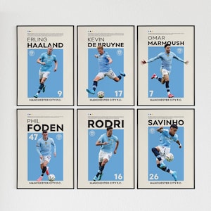 Lote de 6 pósteres del Manchester City, regalo, arte mural de futbolistas del Manchester City.