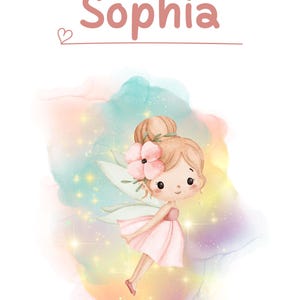 Puede incluir: Ilustración en acuarela de un hada con vestido rosa, flor y alas. El nombre "Sophia" está escrito en rosa encima del hada, con un símbolo de corazón. El fondo tiene un efecto acuarela colorido y onírico.