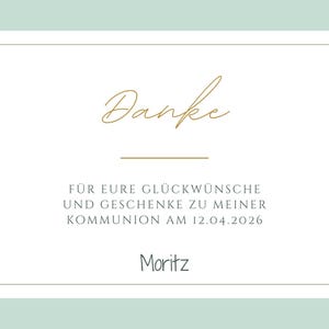 Może przedstawiać: Jasnozielona i biała karta kwiatowa ze słowem "Danke" w złotym skrypcie. Karta zawiera tekst w języku niemieckim i imię "Moritz". Ozdobne elementy kwiatowe obramowują kartę.