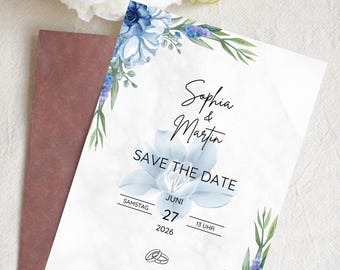 Save the Date Wedding Blue | Personalized Wedding Card | Watercolor Flowers | Digital Template | Modern & Elegant