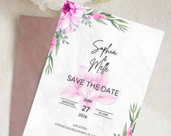 Save the Date Wedding in Pink | Personalized Wedding Card | Watercolor Flowers | Digital Template | Modern & Elegant