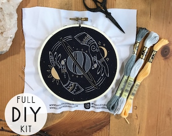 Equinox Embrace DIY Stitch Kit , Celestial Sun Moon Embroidery kit , Hands around Saturn DIY kit , Embroidery Kit , Craft Kit