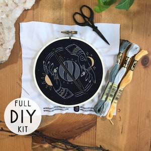 Equinox Embrace DIY Stitch Kit , Celestial Sun Moon Embroidery kit , Hands around Saturn DIY kit , Embroidery Kit , Craft Kit