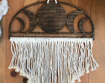 Moon Phase Macrame Wall Hanging | Choose your color | Fiber art | Wood and Fiber moon art