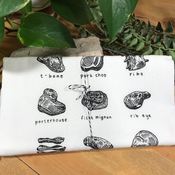 Meat Illustrated Dishtowel, Tea Towel, Screen Printed Kitchen Towel