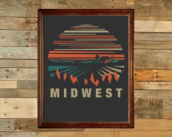 Midwest Farm Landscape Art Print, Modern Graphic Design
