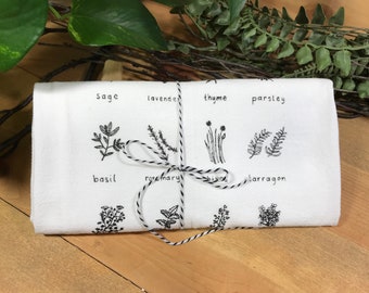 Herbs illustrated dishtowel | Herb Tea Towel | Garden Towel