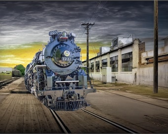 Vintage Steam Locomotive Art: Sunset Train Landscape Photograph
